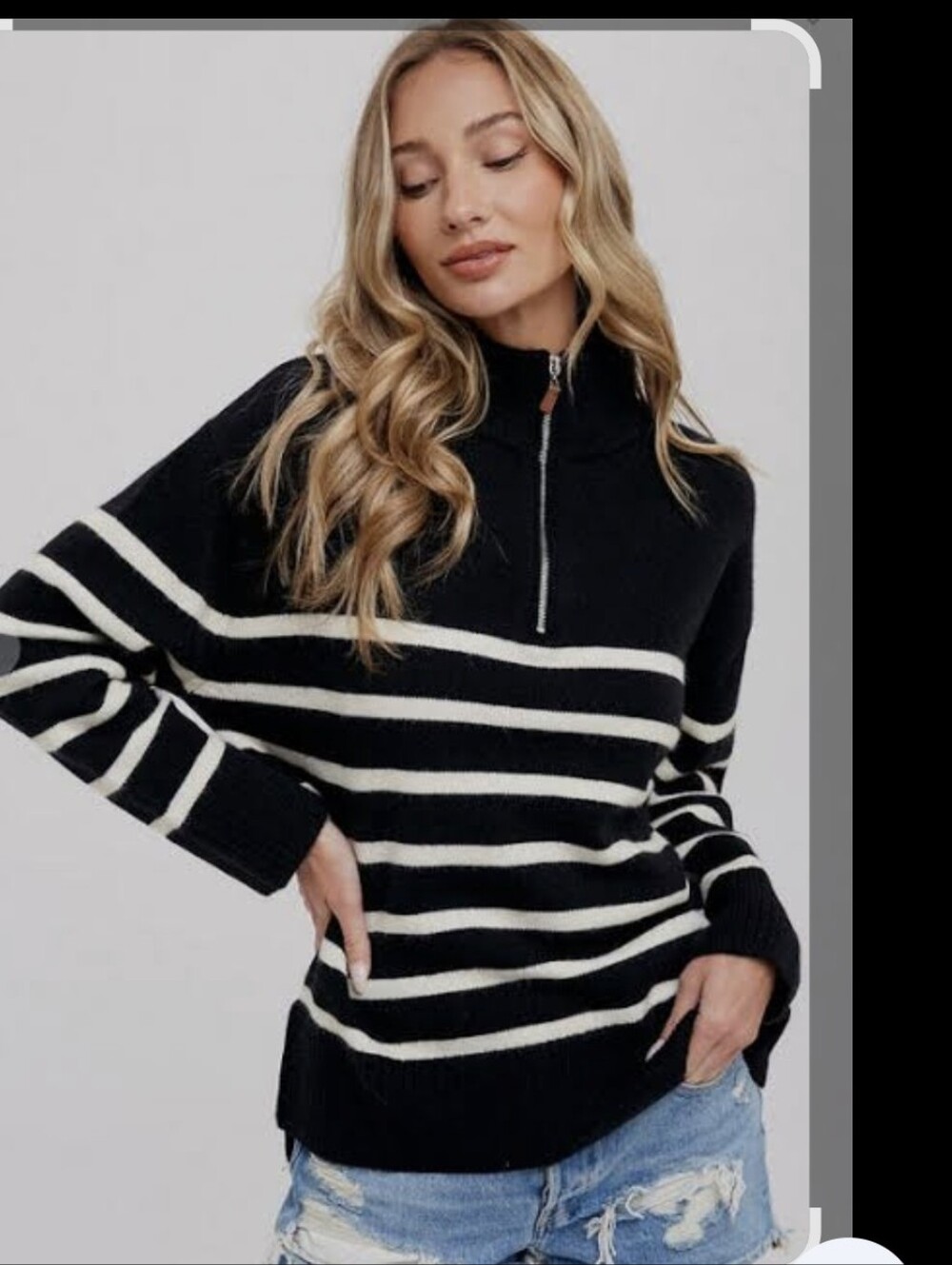 DKNY Black & White Striped Half-Zip Sweater